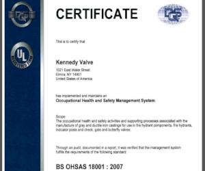 Kennedy Valve reçoit la certification OHSAS 18001