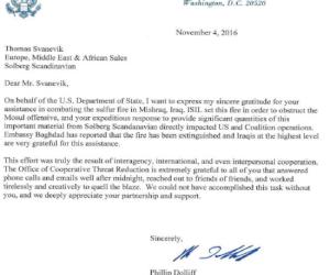 Solberg félicitée par le Département d’État pour avoir expédié en toute urgence de la mousse extinctrice en Irak